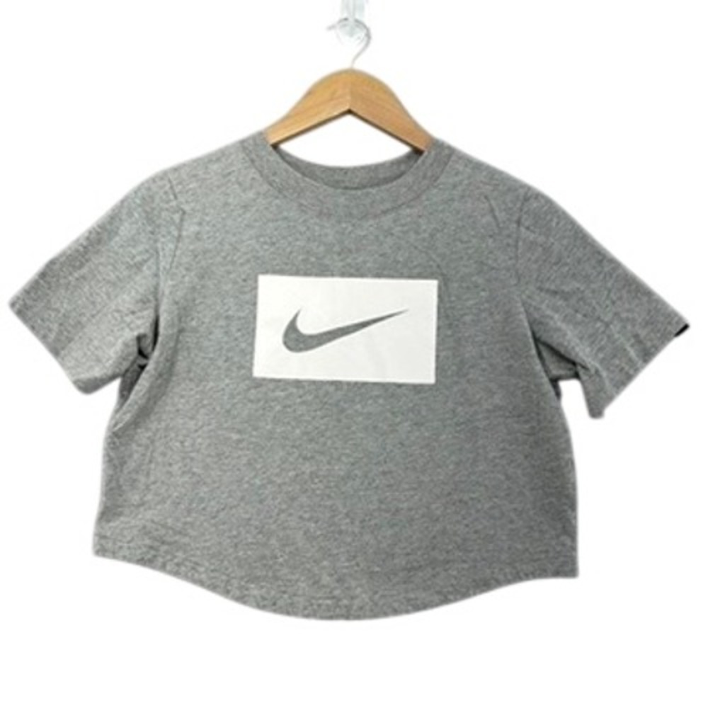 Nike Sportswear Heather Grey Cropped Box Swoosh Logo T-Shirt SZ M Athleisure